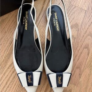 Saint Laurent Cream and Black Bow Slingback Flats